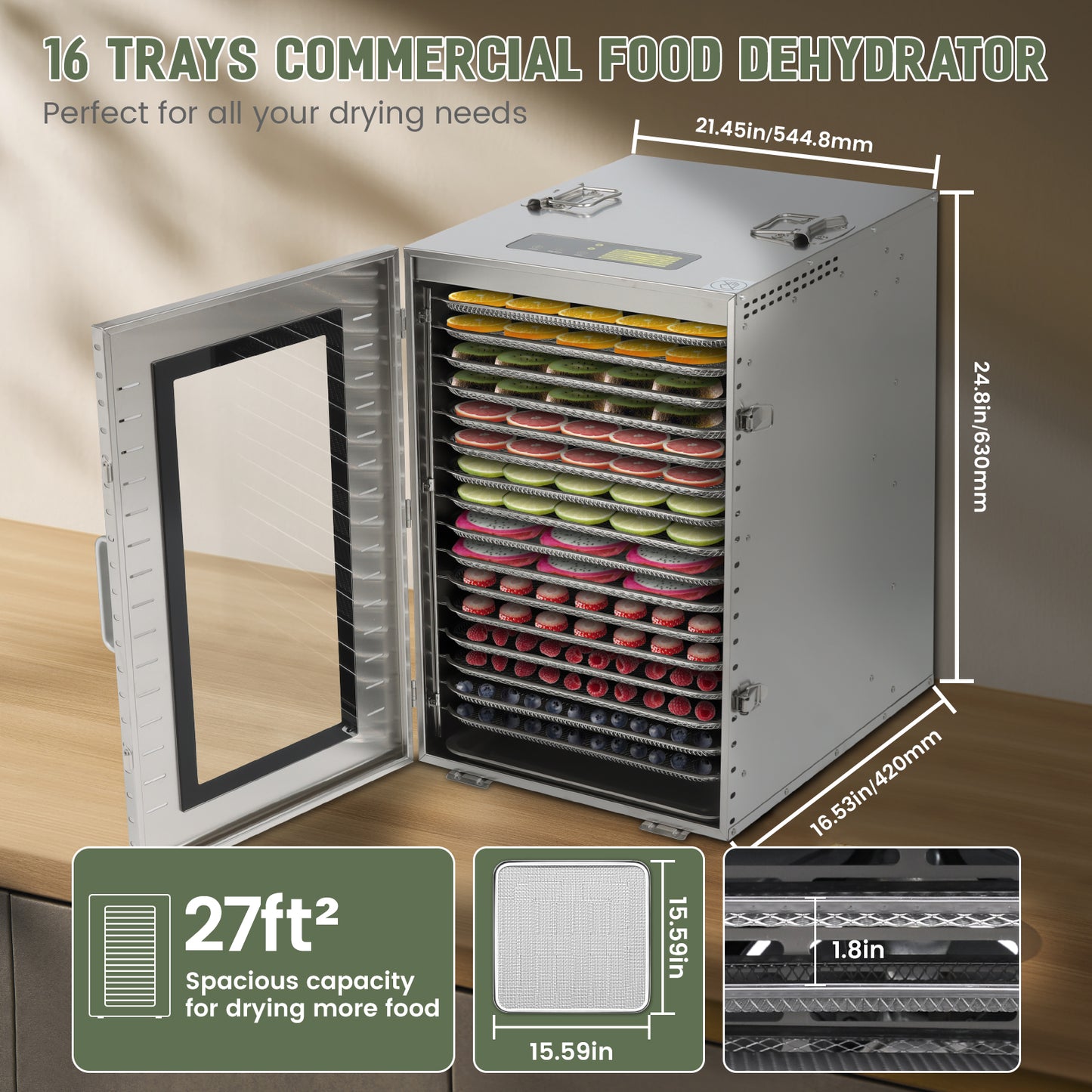 Cercker Commercial Food-Dehydrator Machine 16 Trays,1500W Fruit Dryer, 27ft² Large Meat Dehydrator For Jerky, Stainless Steel Food Dryer, For Mushroom, Herbs, Yogurt, Beef