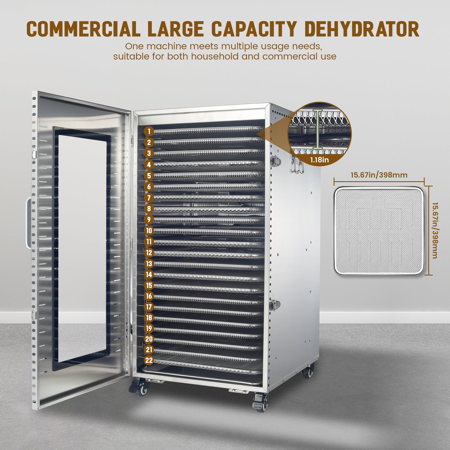 Cercker Commercial Food-Dehydrator Machine 22 Trays,37.5Large Dehydrator for Fruit 70ºF-190ºF,Twin 110V Plugs Beef Jerky Maker,Stainless Steel Food Dryer for Meat,Herbs, Mushroom,Fruit with Silicone Trays