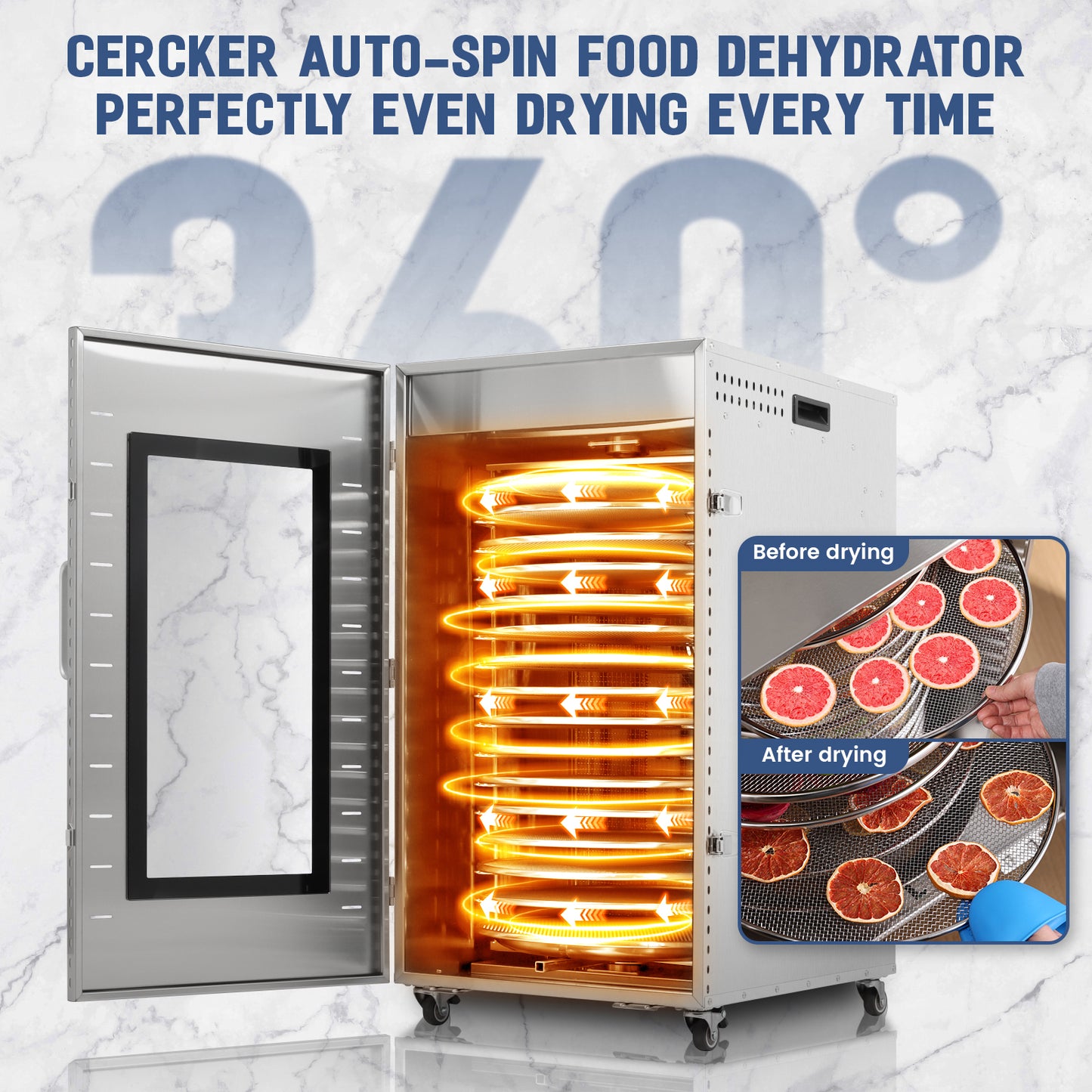 Cercker Rotary Food-Dehydrator Machine 16 Trays 17.52 Ft² Fruit-Dehydrator for Jerky 1500w Large Meat Dryer 190℉ Stainless Steel Food Dryer Machine for Herbs, Beef, Mushrooms, Dog Treat