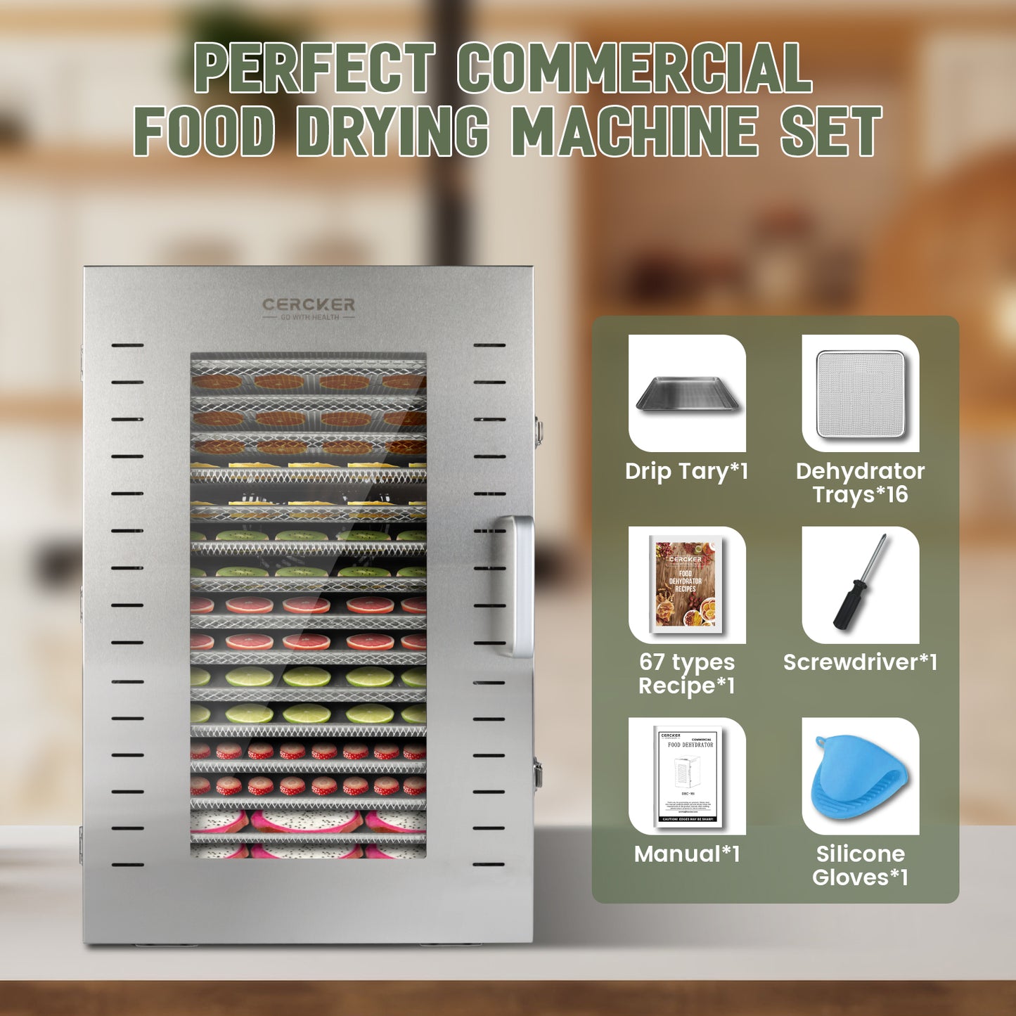 Cercker Commercial Food-Dehydrator Machine 16 Trays,1500W Fruit Dryer, 27ft² Large Meat Dehydrator For Jerky, Stainless Steel Food Dryer, For Mushroom, Herbs, Yogurt, Beef