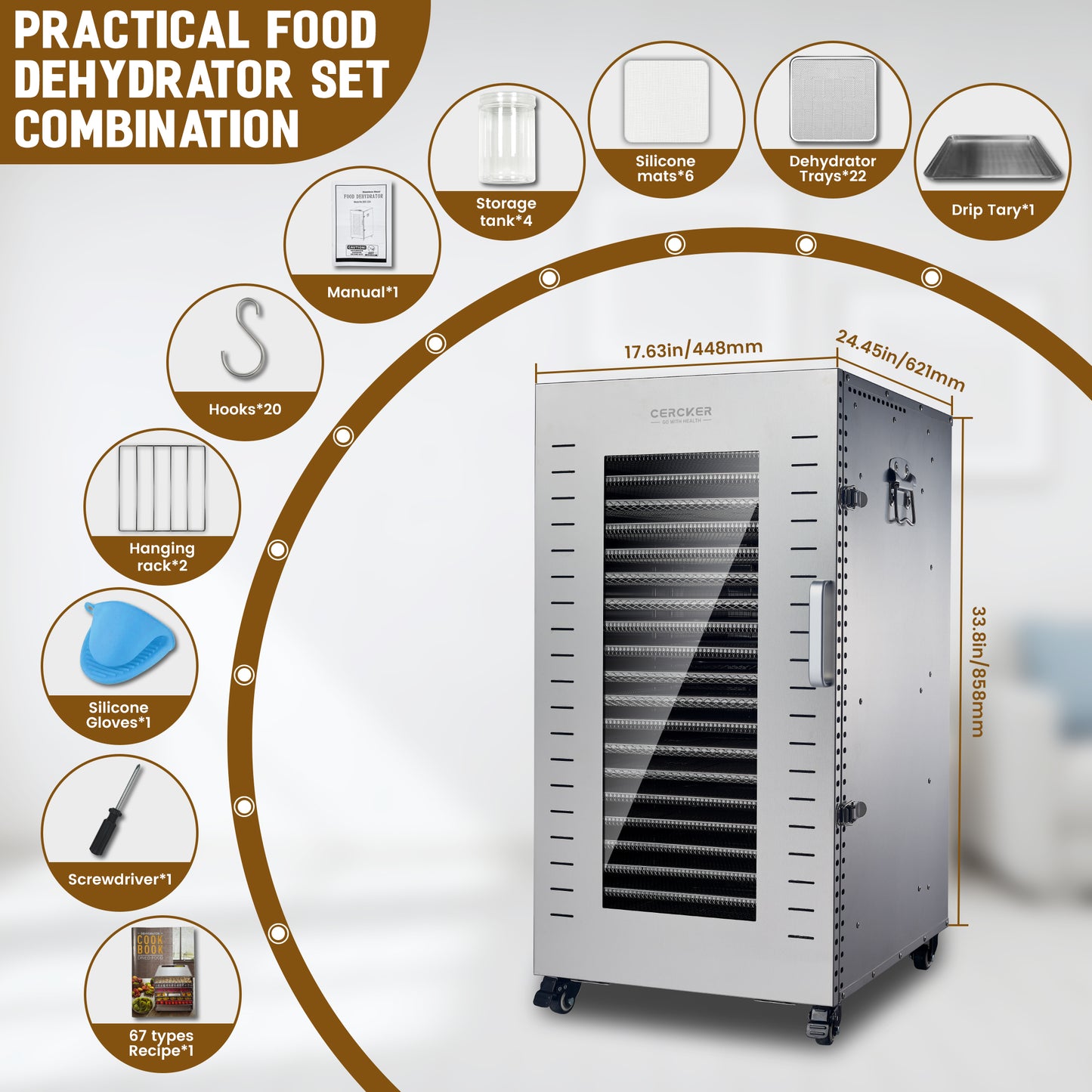 Cercker Commercial Food-Dehydrator Machine 22 Trays,37.5Large Dehydrator for Fruit 70ºF-190ºF,Twin 110V Plugs Beef Jerky Maker,Stainless Steel Food Dryer for Meat,Herbs, Mushroom,Fruit with Silicone Trays