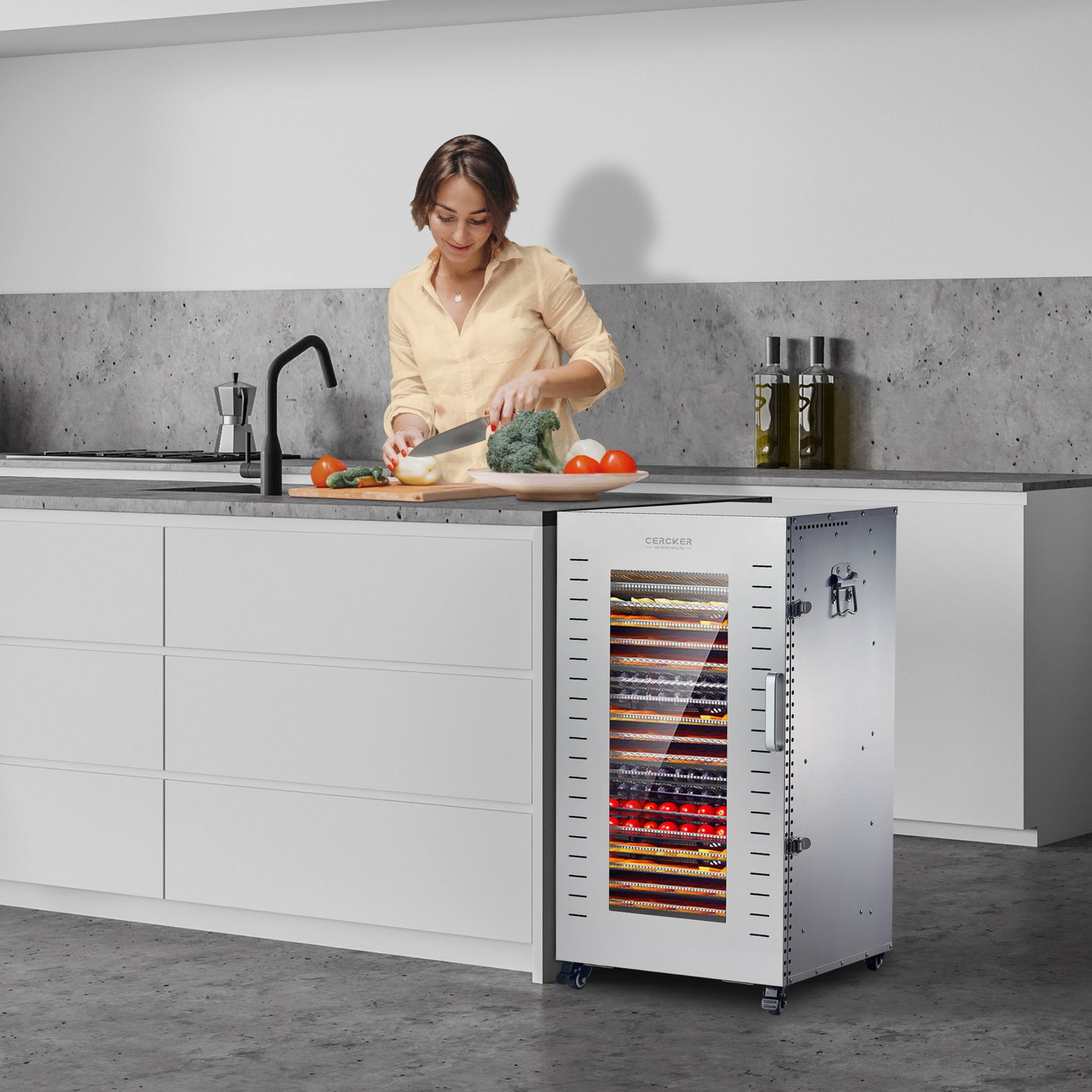 Cercker Commercial Food-Dehydrator Machine 22 Trays,37.5Large Dehydrator for Fruit 70ºF-190ºF,Twin 110V Plugs Beef Jerky Maker,Stainless Steel Food Dryer for Meat,Herbs, Mushroom,Fruit with Silicone Trays