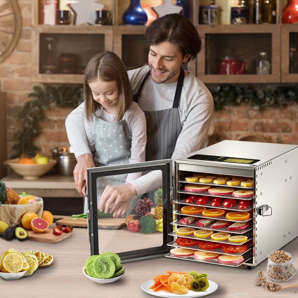 Food-Dehydrator Machine 8 Stainless Steel Trays, 500W Dehydrator for Herbs, Jerky Dehydrator for Meat, 190ºF Mushroom Dehydrator, 24H Timer Fruits Dehydrator, Veggies, Yogurt & Dog Treats