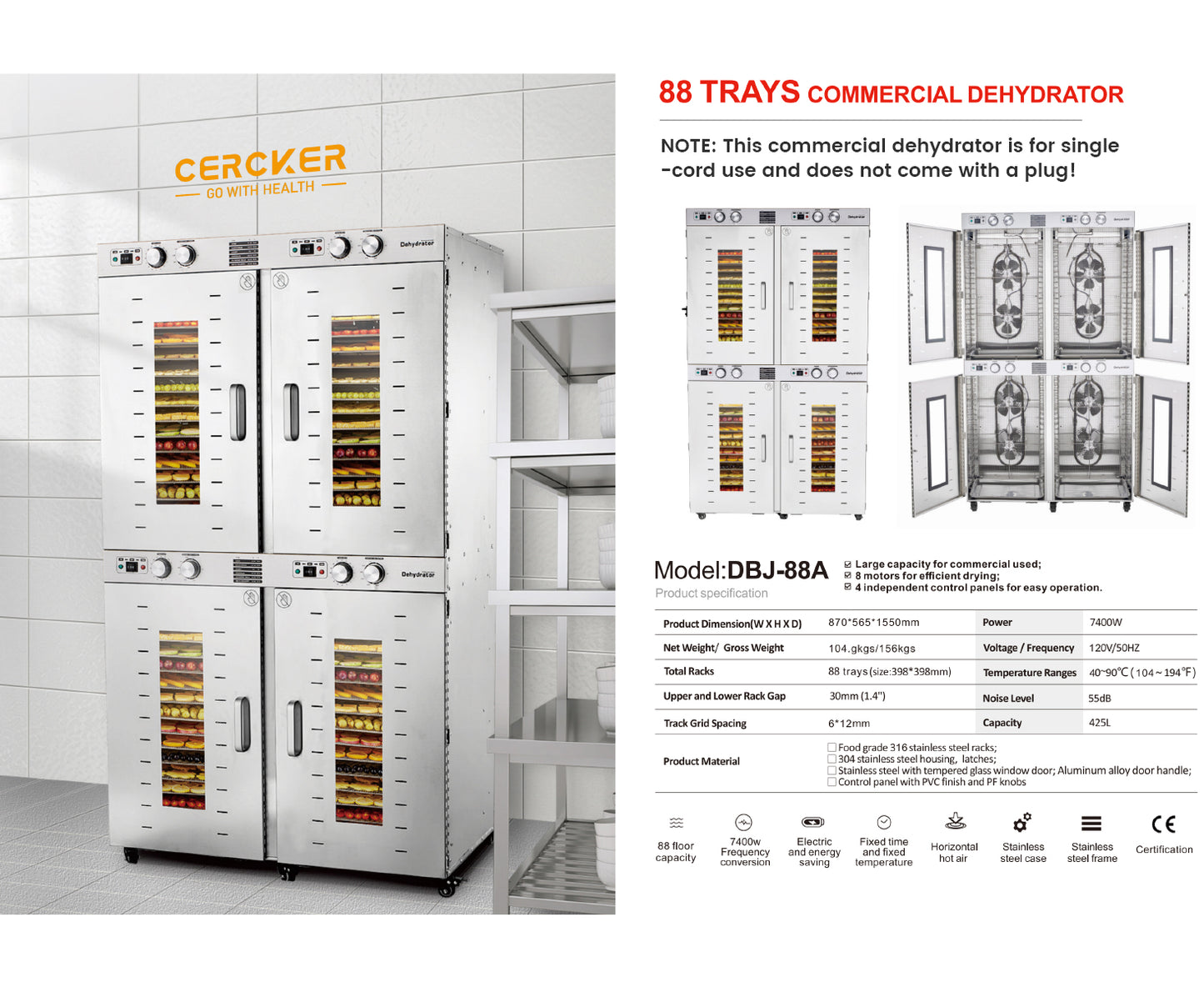 Commercial Food Dehydrator Machine 88 Trays, 150FT² Large Commercial Dehydrator, 7400W No Plug Industrial Meat Dryer, 120V Singlecord Use Beef Jerky Maker Food-Dryer(Truck Delivery)