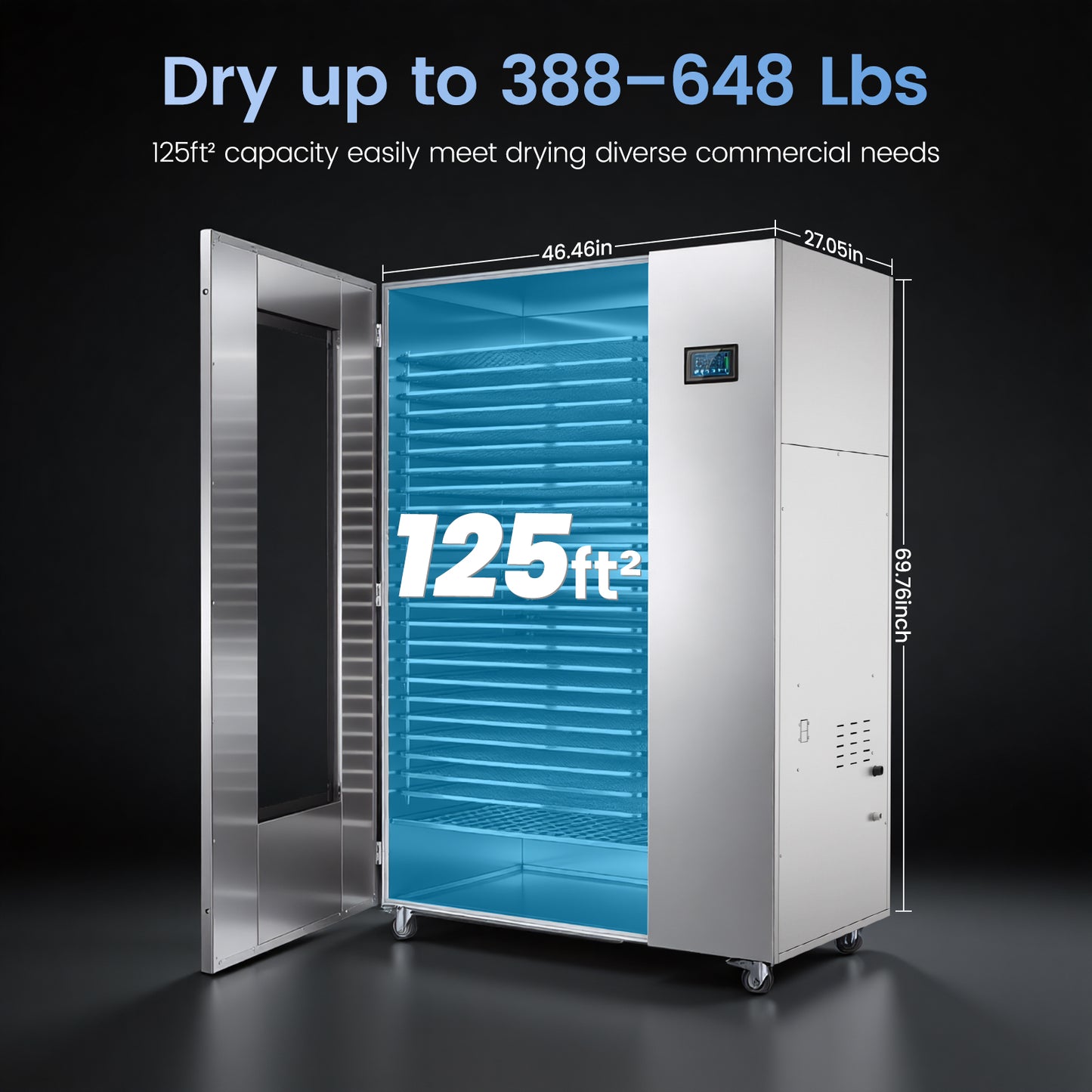 220V Industrial Heat Pump Food-Dehydrator Machine 60℉-158℉ Stainless Steel 24 Trays Commercial Food Dryer 75% Energy Saving 125ft² Large Capcity Drying for Fruit,Herbs,Beef Jerky Maker (46.5×27×69.8)