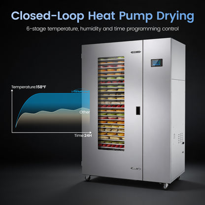 220V Industrial Heat Pump Food-Dehydrator Machine 60℉-158℉ Stainless Steel 24 Trays Commercial Food Dryer 75% Energy Saving 125ft² Large Capcity Drying for Fruit,Herbs,Beef Jerky Maker (46.5×27×69.8)