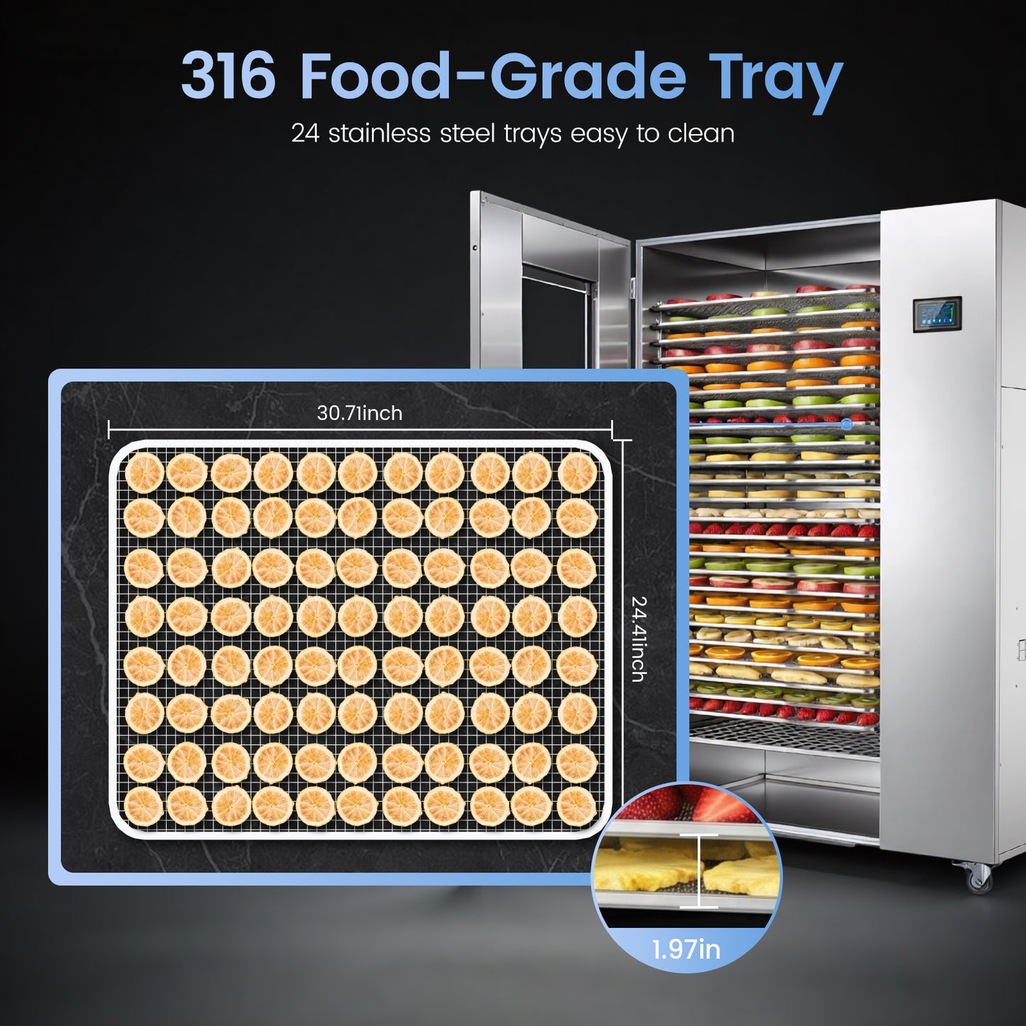 220V Industrial Heat Pump Food-Dehydrator Machine 60℉-158℉ Stainless Steel 24 Trays Commercial Food Dryer 75% Energy Saving 125ft² Large Capcity Drying for Fruit,Herbs,Beef Jerky Maker (46.5×27×69.8)