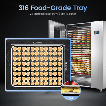 220V Industrial Heat Pump Food-Dehydrator Machine 60℉-158℉ Stainless Steel 24 Trays Commercial Food Dryer 75% Energy Saving 125ft² Large Capcity Drying for Fruit,Herbs,Beef Jerky Maker (46.5×27×69.8)