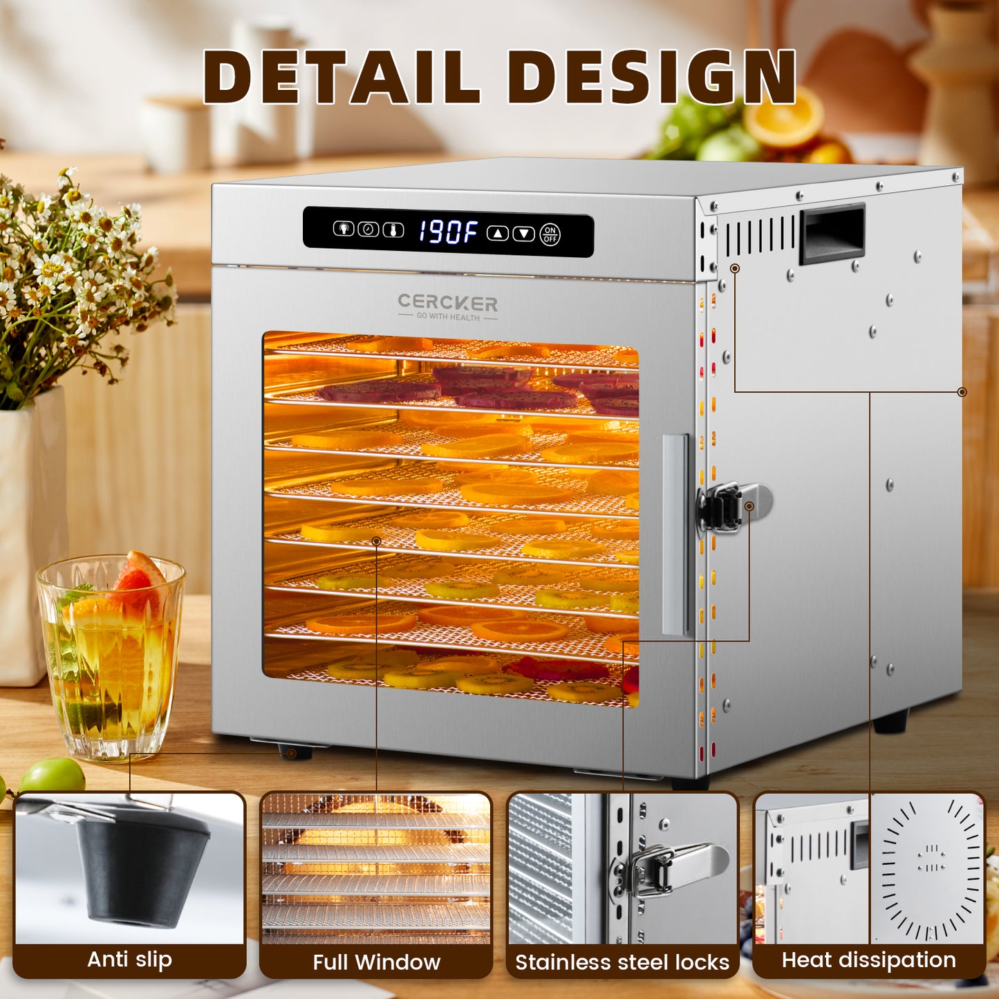 Food-Dehydrator Machine 9 Stainless Steel Trays, 1000W Fruit Dehydrator,7.7ft² Meat Dryer for Jerky,190ºF Temperature Control,24H Timer Dryer Machine for Herbs,Beef