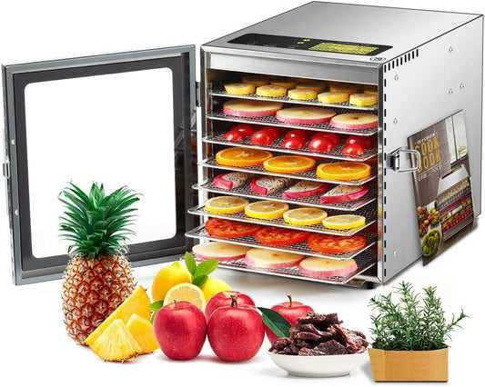 Food-Dehydrator Machine 8 Stainless Steel Trays, 500W Dehydrator for Herbs, Jerky Dehydrator for Meat, 190ºF Mushroom Dehydrator, 24H Timer Fruits Dehydrator, Veggies, Yogurt & Dog Treats
