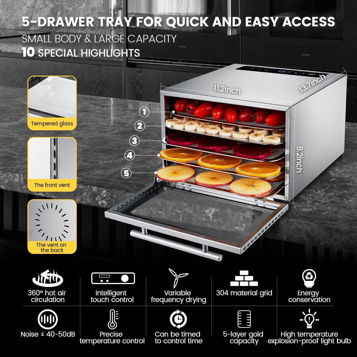 Cercker Food-Dehydrator for Food and Jerky,400W Food Dehydrator Machine 5-Trays,24H Timer Dehydrator for Herbs, Meat, Fruit,Yogurt