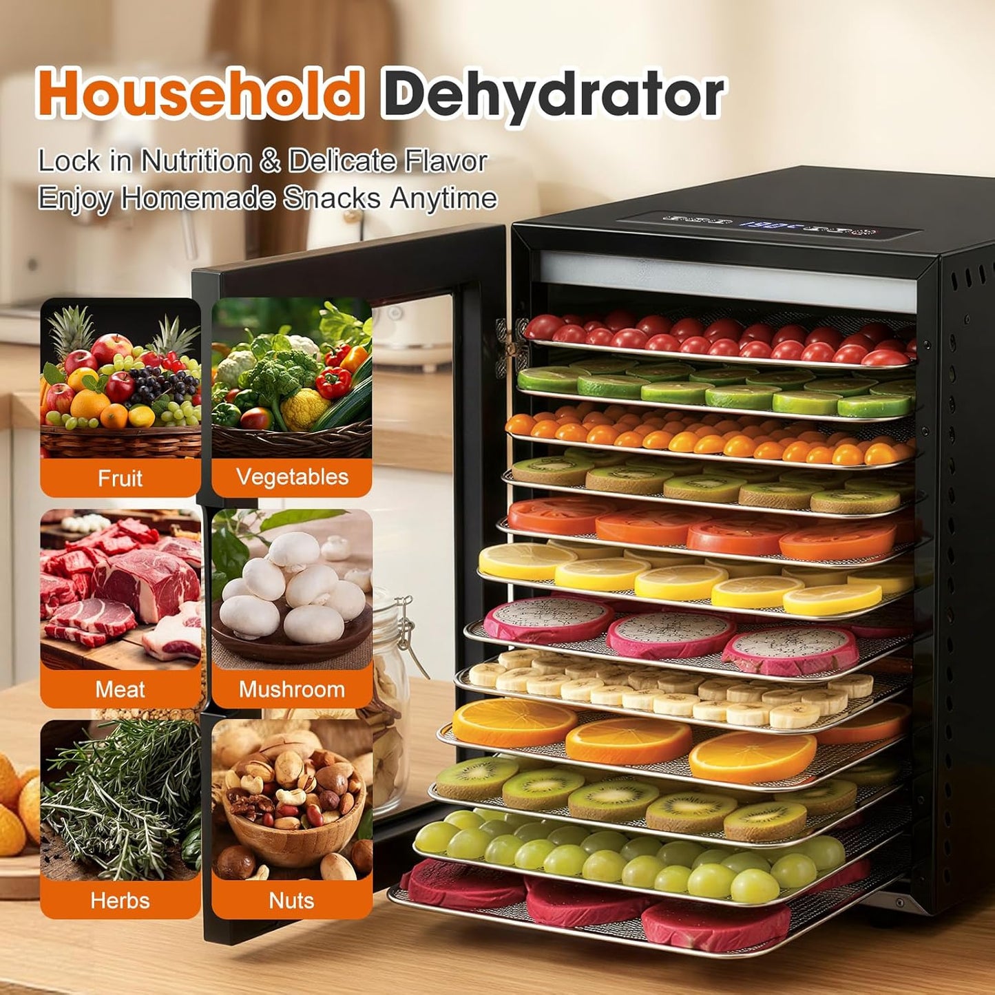 Cercker Food-Dehydrator Machine 12 Stainless Steel Trays,1000W Meat Dehydrator for Jerky Home Use,10.9ft² Large Capacity Food Dryer Machine with 24H & 190℉ Dryer for Food Herb Beef Jerky Maker(Black)