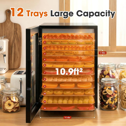 Cercker Food-Dehydrator Machine 12 Stainless Steel Trays,1000W Meat Dehydrator for Jerky Home Use,10.9ft² Large Capacity Food Dryer Machine with 24H & 190℉ Dryer for Food Herb Beef Jerky Maker(Black)