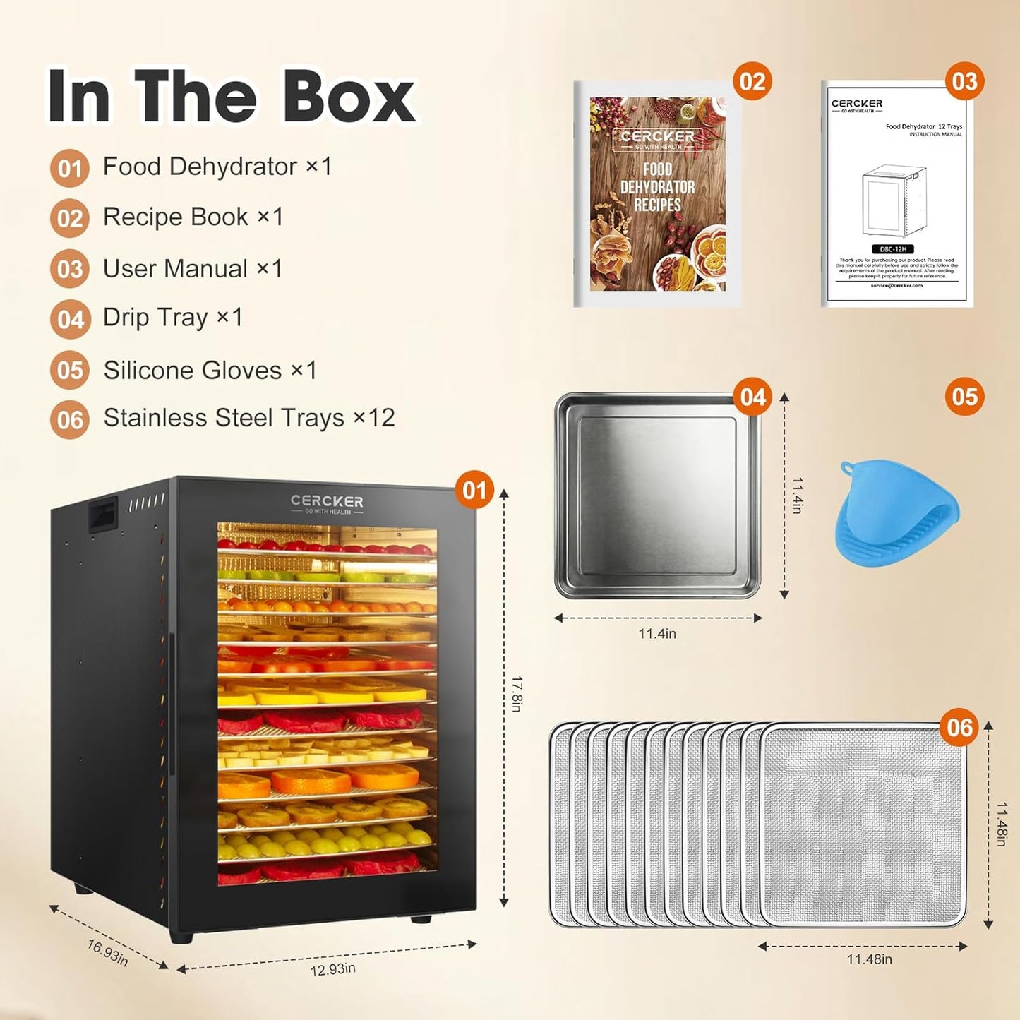 Cercker Food-Dehydrator Machine 12 Stainless Steel Trays,1000W Meat Dehydrator for Jerky Home Use,10.9ft² Large Capacity Food Dryer Machine with 24H & 190℉ Dryer for Food Herb Beef Jerky Maker(Black)