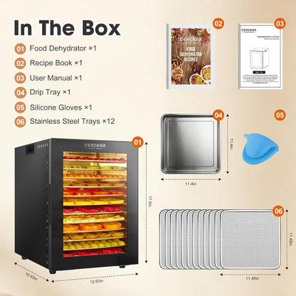 Cercker Food-Dehydrator Machine 12 Stainless Steel Trays,1000W Meat Dehydrator for Jerky Home Use,10.9ft² Large Capacity Food Dryer Machine with 24H & 190℉ Dryer for Food Herb Beef Jerky Maker(Black)