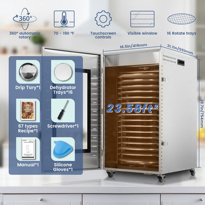 Cercker Rotary Food-Dehydrator Machine 16 Trays 23.58 Ft² Fruit-Dehydrator for Jerky 1500w Large Meat Dryer 190℉ Stainless Steel Food Dryer Machine for Herbs, Beef,  Mushrooms, Dog Treat